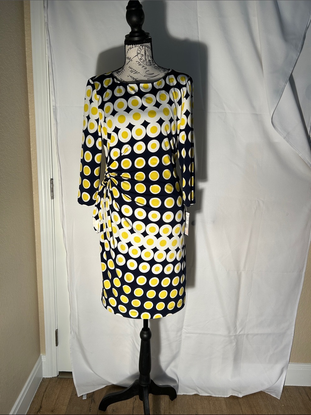 Jessica Howard Navy White and Yellow Polka Dot Sheath Dress